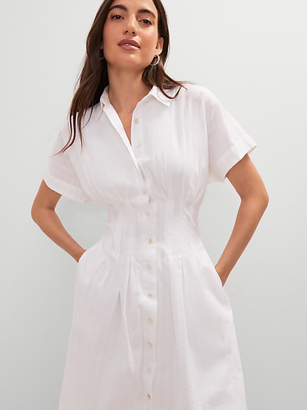 Ann Taylor White Button-Front Short Sleeve Midi Shirt Dress